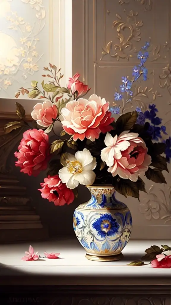 18th century Portuguese Ceramic Tile Art, painting of beautiful flowers, intricate, elegant, highly detailed, concept art, smooth, sharp focus, art by artgerm and greg rutkowski