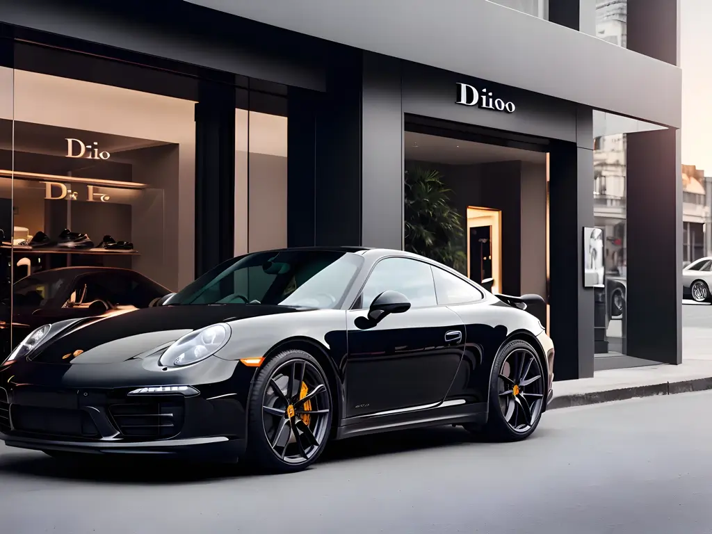 A black Porsche parked in front of a Dior store, sunset render, soft light, cinematic light, high details 