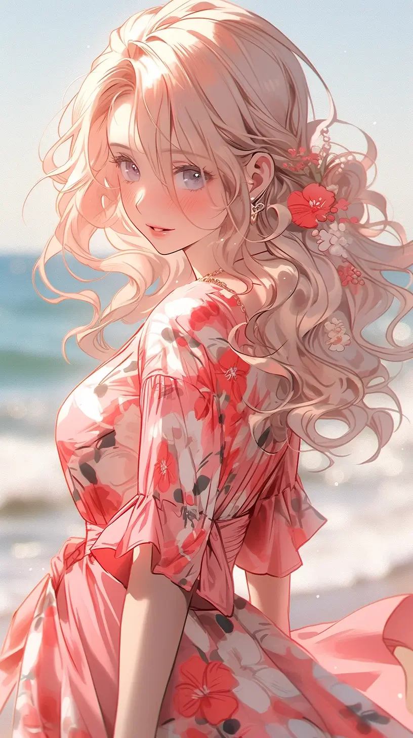 a girl,beautiful and detailed face,cute smile,best light on face,an pink dress with a sakura print, in the style of impressionist colorism, maximilian pirner, flowing,high resolution, furaffinity, charming pose,beach,vivid color