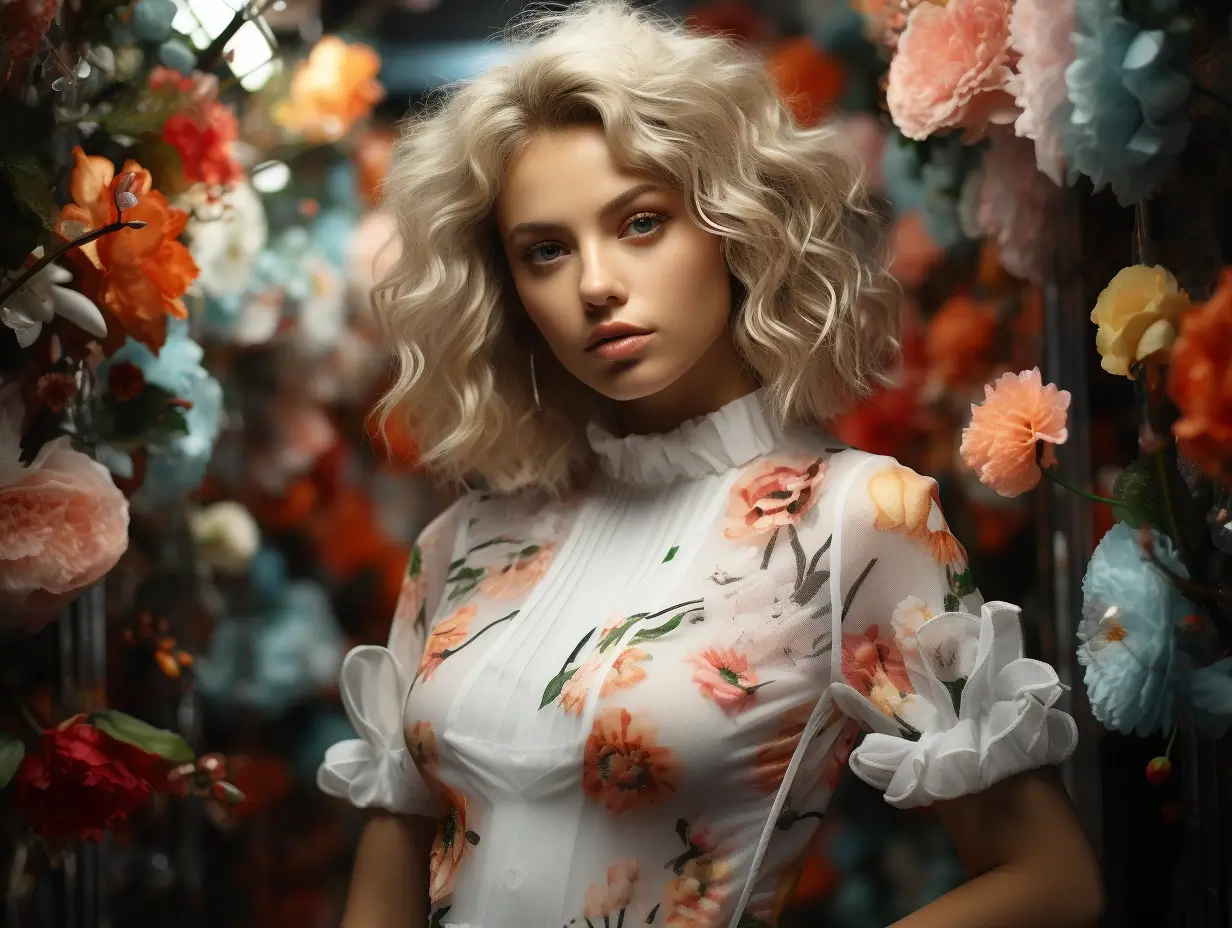 The epitome of dreamy fashion photography, this stunning image features a lithe female model in a white short dress, with a cute and youthful vibe. The hypermaximalist, hyperdetailed style, along with the crystal clear feel and high-end retouching, makes for an award-winning image