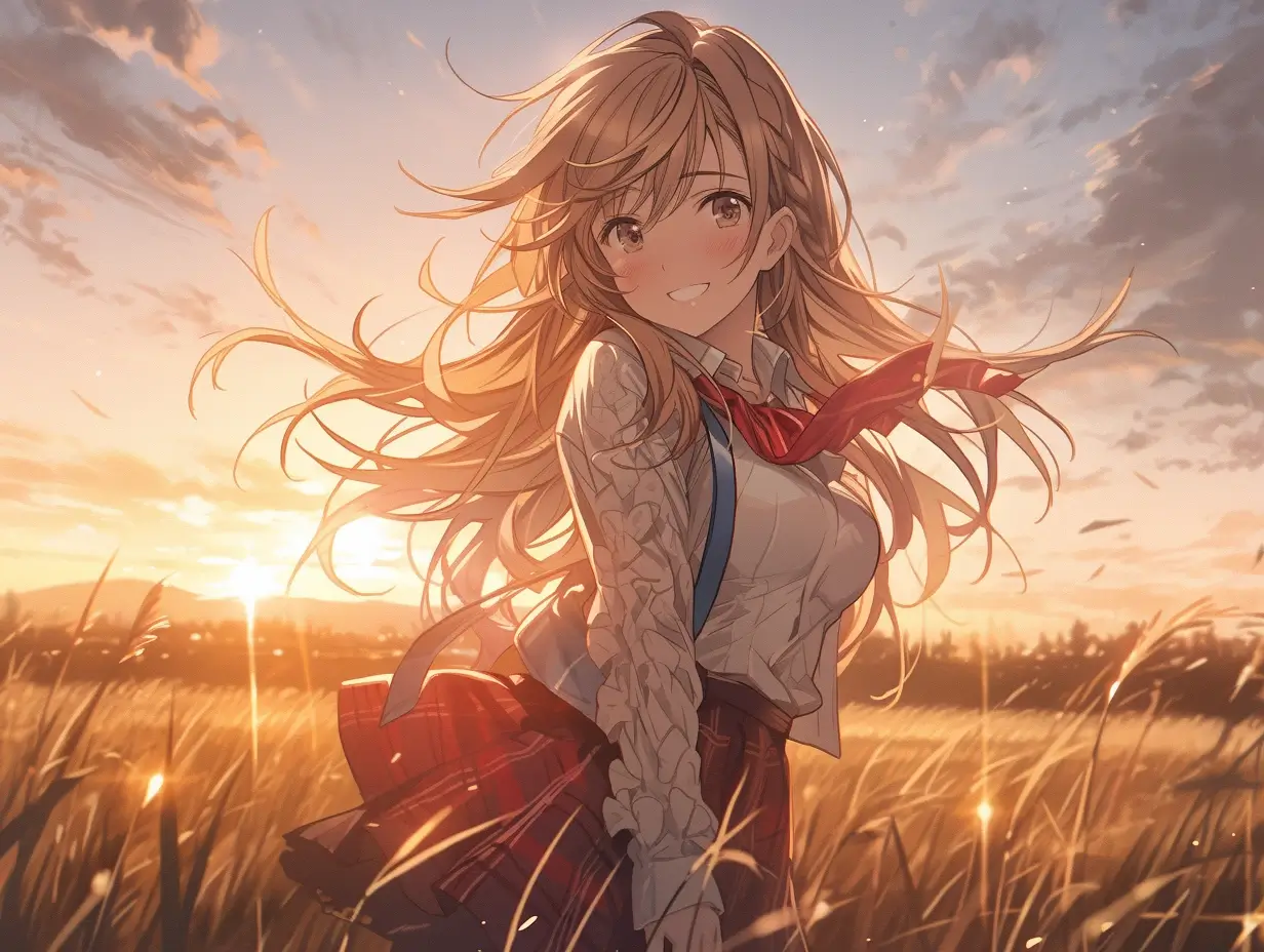 granblue fantasy, a girl in a meadow, happy, school uniform, sunset, soft light, voluptuous, standing