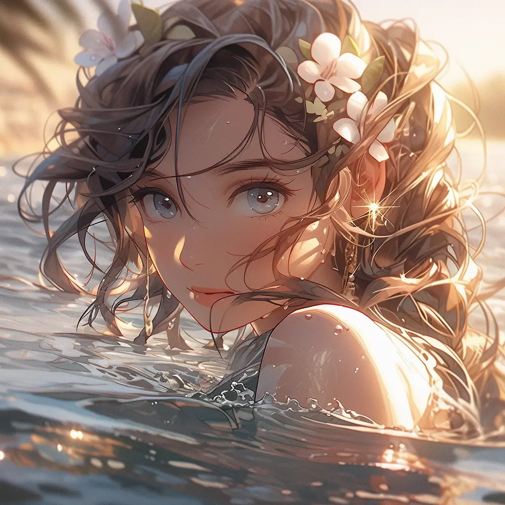 swimsuit, upper body, masterpiece, best quality, beautiful young girl, medium shot, detailed face and eyes, dress, underwater hair physics, air bubbles, light coming through water, solo focus, depth of field, ambient lighting, atmospheric, intricate details, soft light, artstation, plants, flowers, sunset, hills, sunlight, soft light