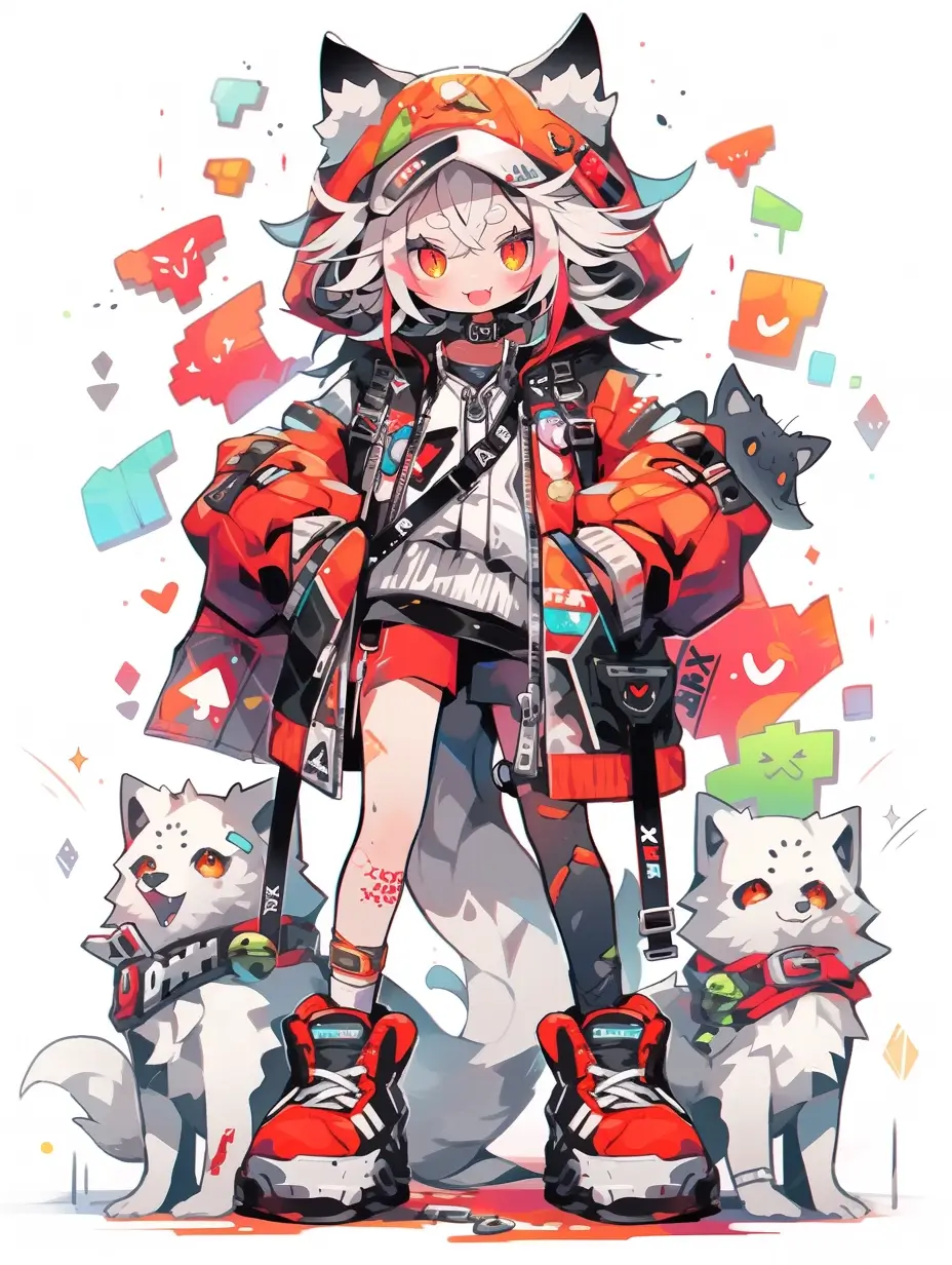 masterpiece, an extremely cute and beautiful girl, highly detailed beautiful face and red eyes,(jean shoes:1.2) cute, (evil smile:1.2), multicolored hair, very short hair, animal ears, wolf ears,child, colorful jacket, neon colors, punk rock, shorts, piercing, full body, paw pose, (cat paw gloves:1.3)