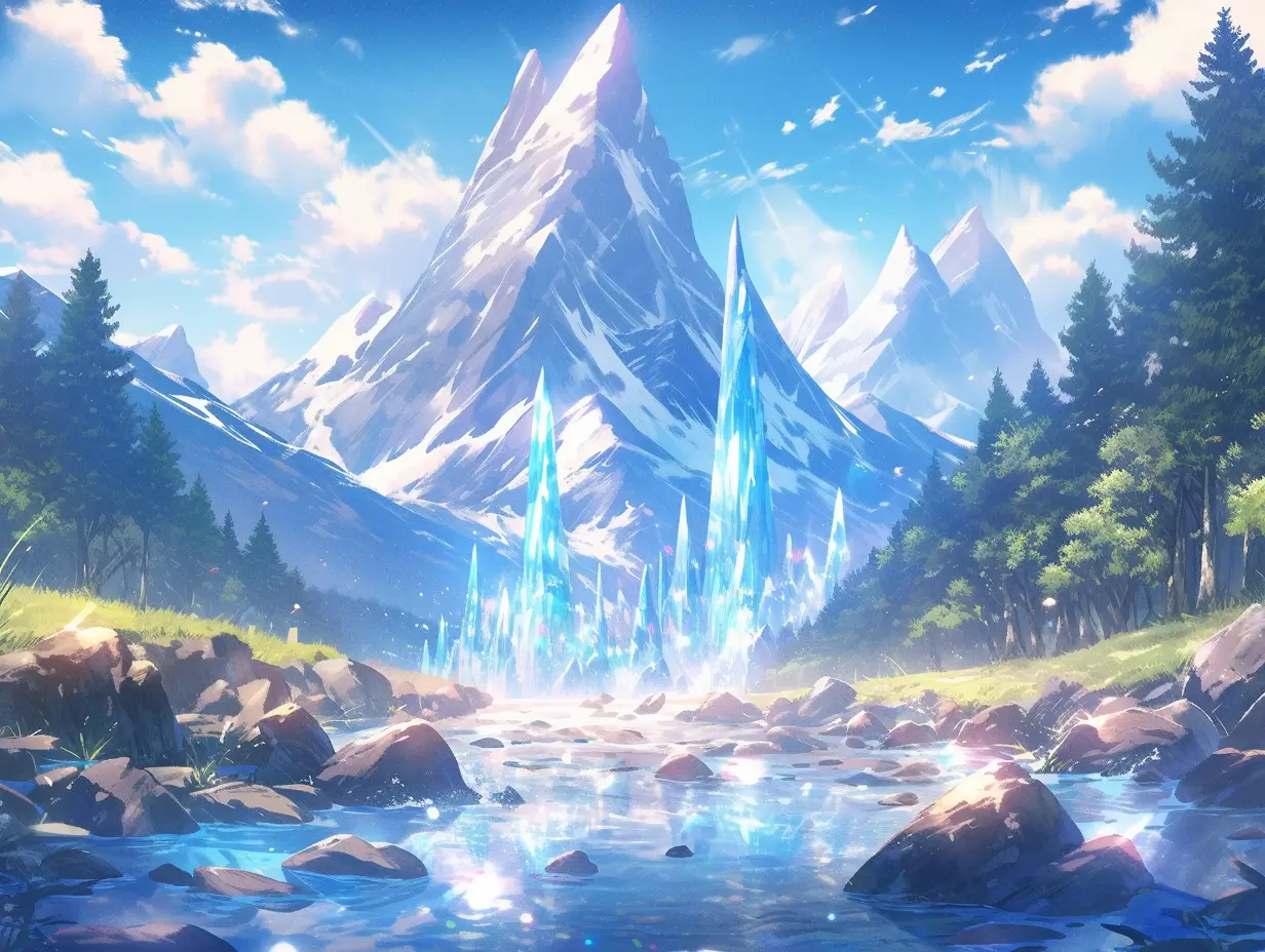 landscape portrait of a lush magical fantasy valley between mountains, blue river flowing between forests, blue crystal rocks jutting out of the ground, stone pillars, enormous cave entrance, castle in background, daytime, white fluffy clouds, waterfall, (backlighting), realistic, masterpiece, highest quality, ((intricate armor)), fantasy forest in background, ((excited)), lens flare, shade, bloom, ((light sparkles)), [chromatic aberration], by Jeremy Lipking, by Antonio J. Manzanedo, by (Alphonse Mucha), digital painting