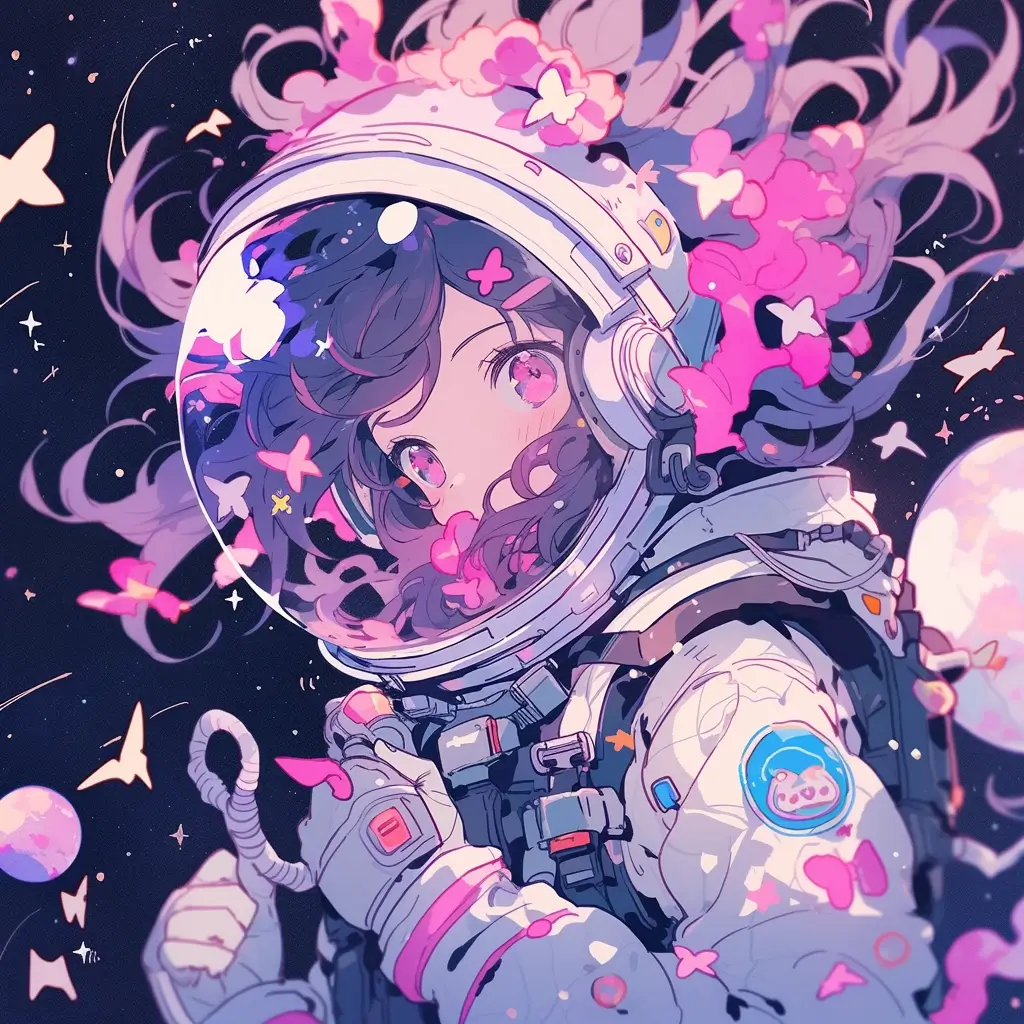 astronaut, girl, anime style, space background, eyeless, stars, lilac blackhole in background, many lilac rings in the background floating